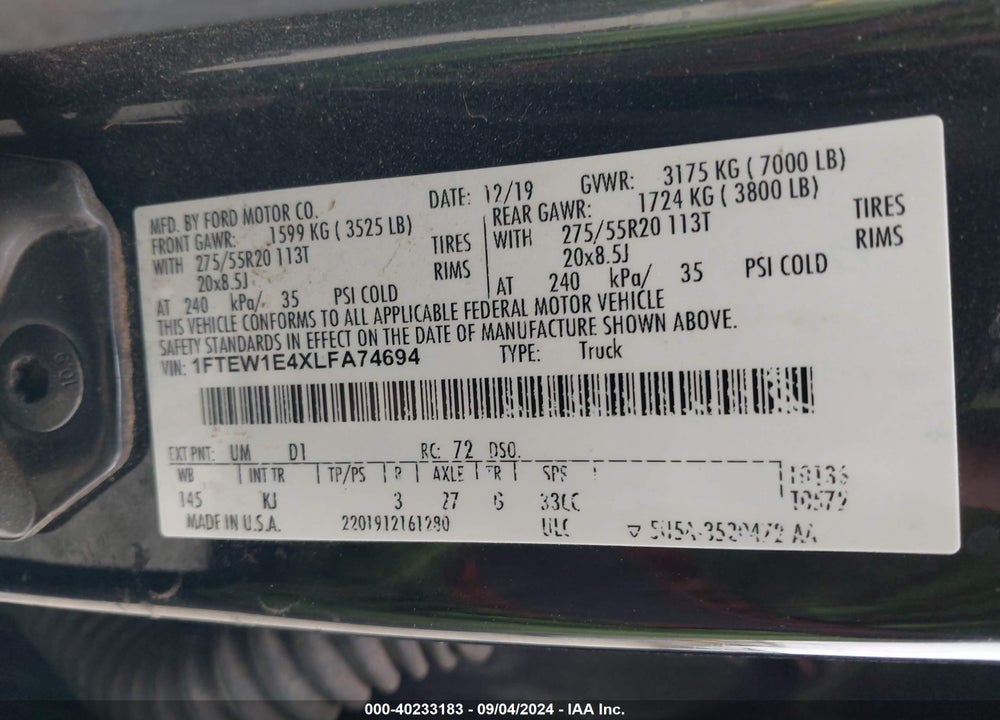 2020 FORD F-150 KING RANCH VIN: 1FTEW1E4XLFA74694