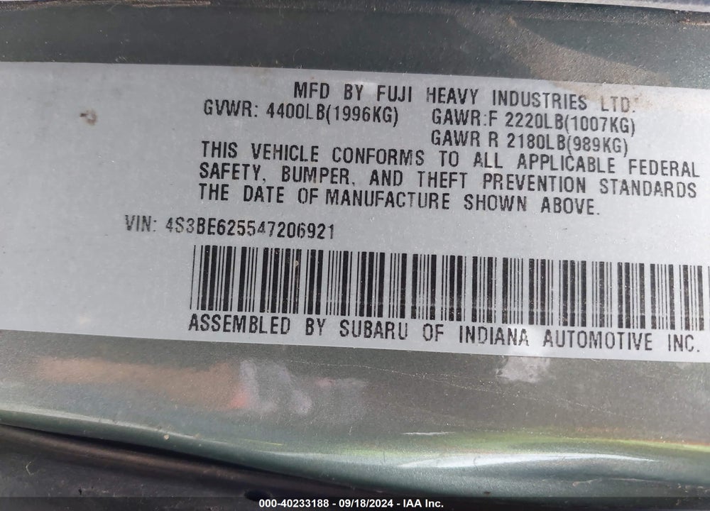 2004 SUBARU LEGACY VIN: 4S3BE625547206921