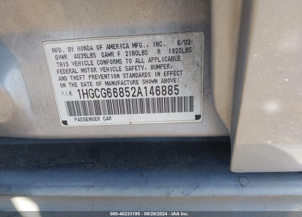 2002 HONDA ACCORD 2.3 EX/2.3 SE VIN: 1HGCG66852A146885