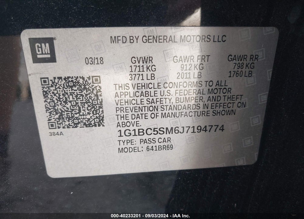 2018 CHEVROLET CRUZE LS AUTO VIN: 1G1BC5SM6J7194774
