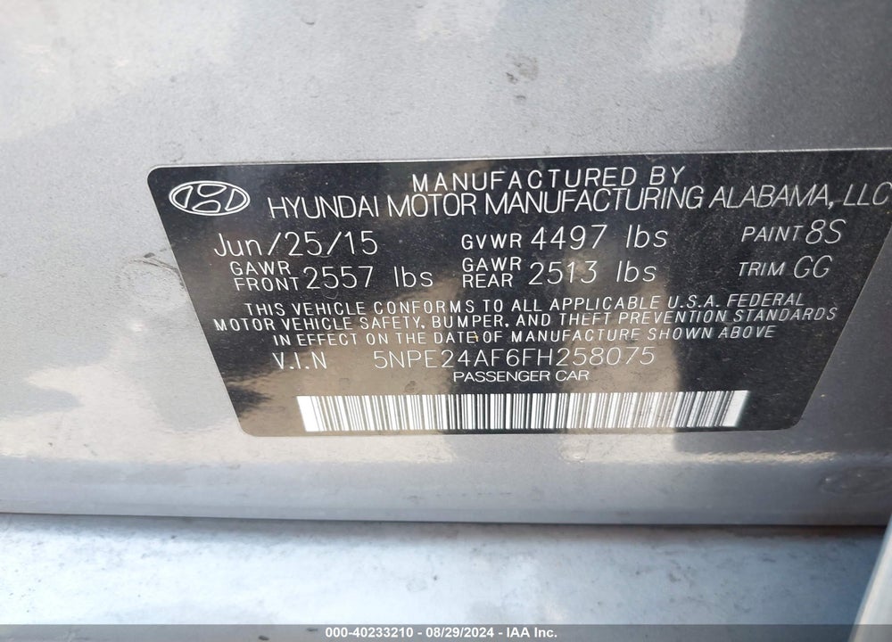 2015 HYUNDAI SONATA SE VIN: 5NPE24AF6FH258075
