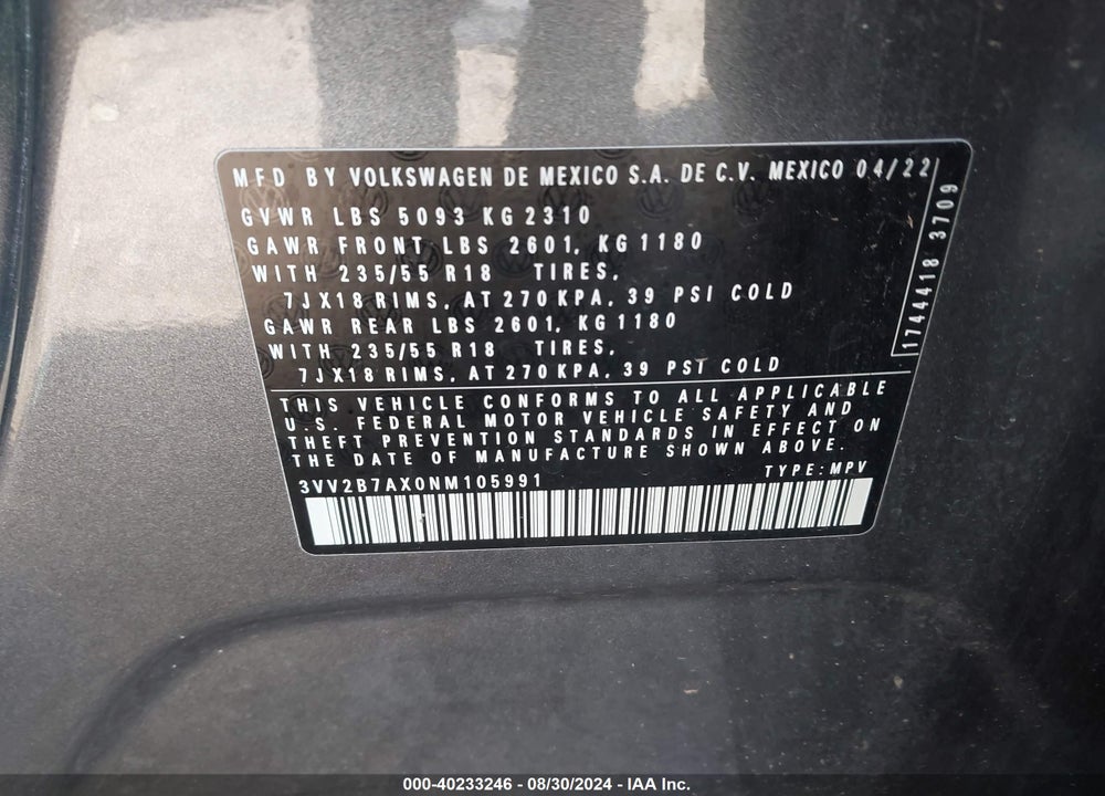2022 VOLKSWAGEN TIGUAN 2.0T SE VIN: 3VV2B7AX0NM105991
