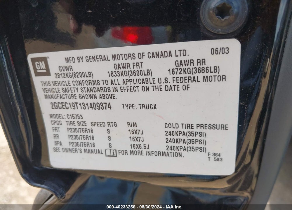 2003 CHEVROLET SILVERADO 1500 LS VIN: 2GCEC19T131409374