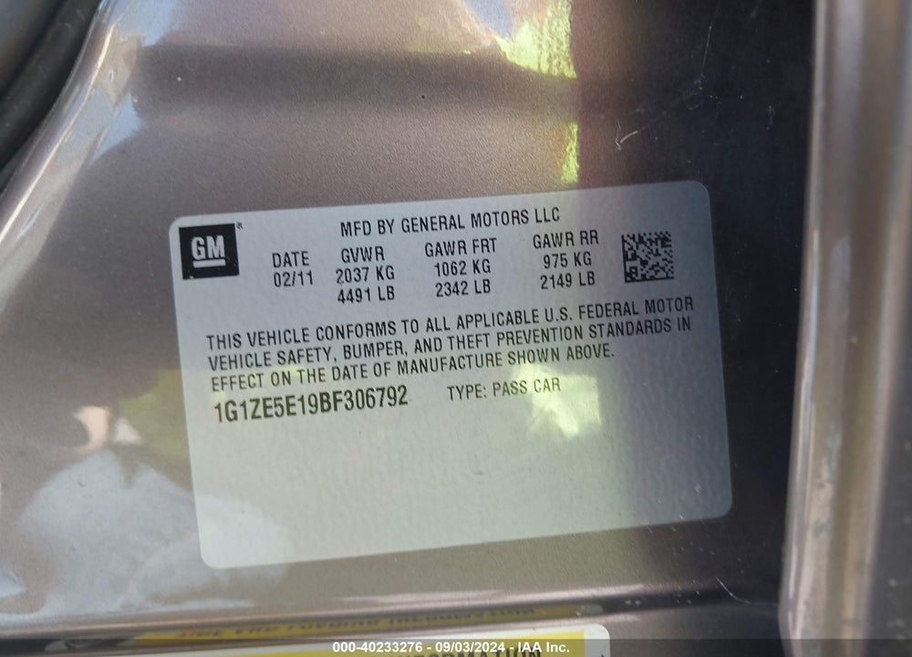 2011 CHEVROLET MALIBU LTZ VIN: 1G1ZE5E19BF306792