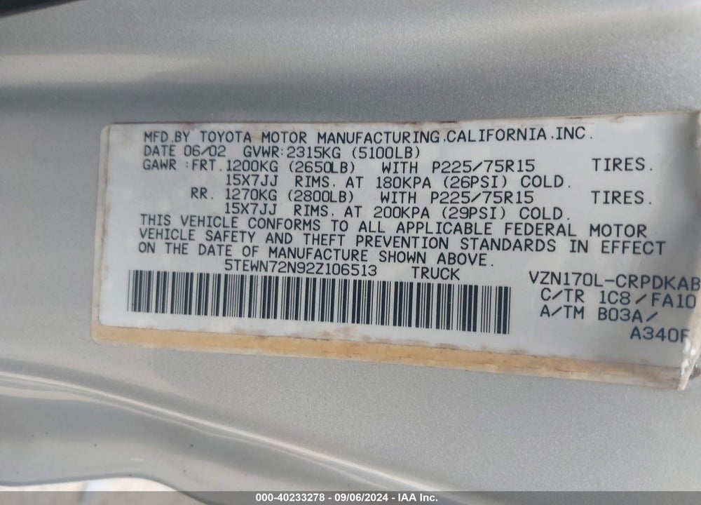 2002 TOYOTA TACOMA BASE V6 VIN: 5TEWN72N92Z106513