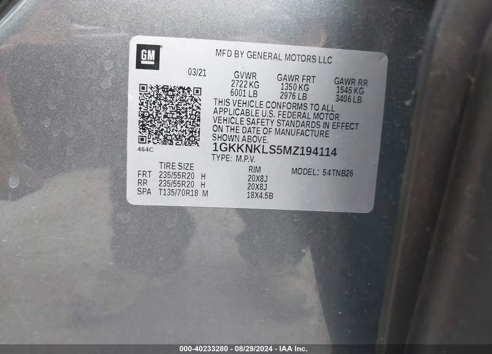 2021 GMC ACADIA FWD SLE VIN: 1GKKNKLS5MZ194114