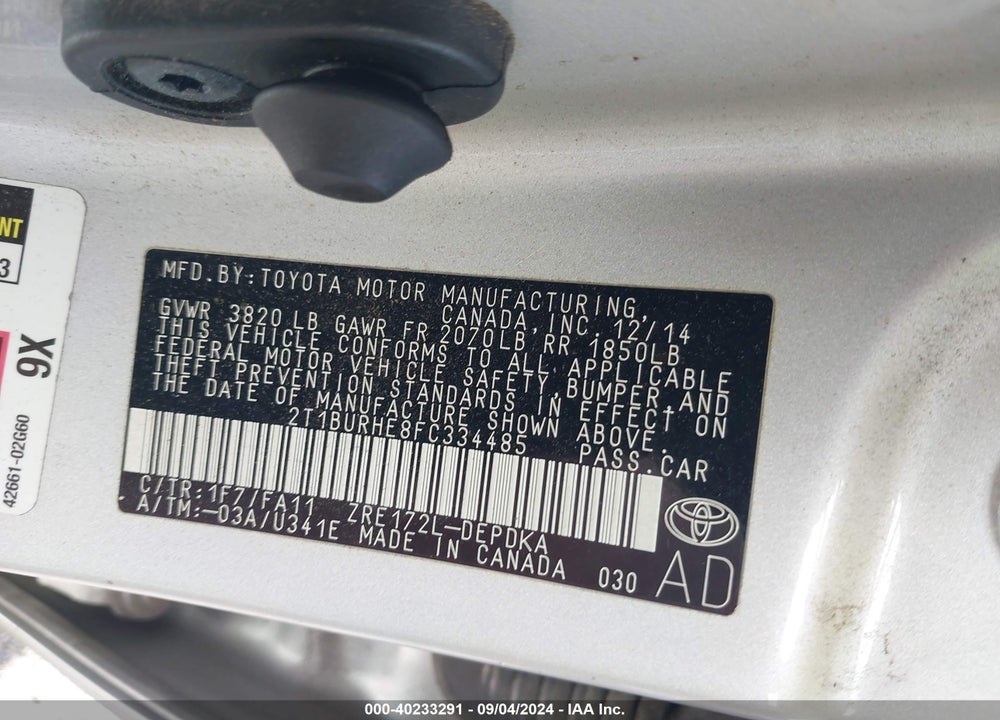 2015 TOYOTA COROLLA L VIN: 2T1BURHE8FC334485