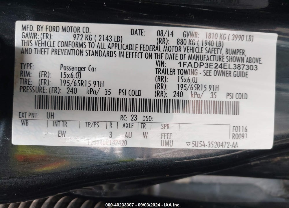 2014 FORD FOCUS S VIN: 1FADP3E24EL387303