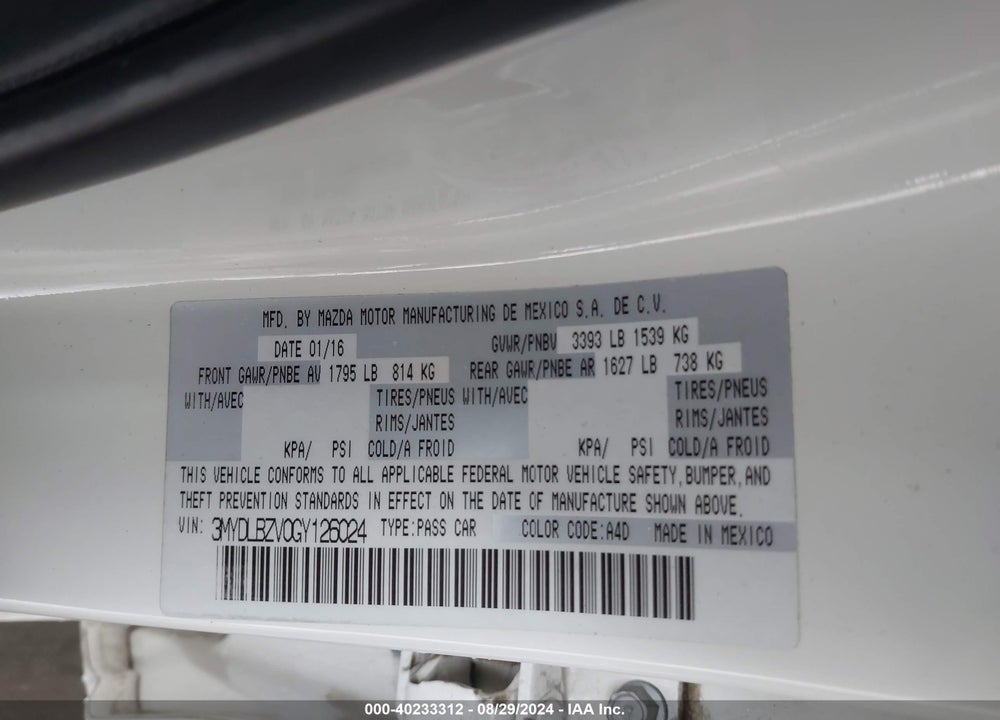 2016 SCION IA VIN: 3MYDLBZV0GY126024
