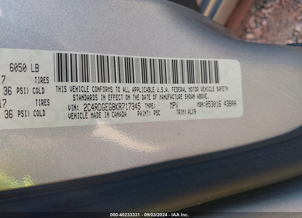 2019 DODGE GRAND CARAVAN GT VIN: 2C4RDGEG8KR717345