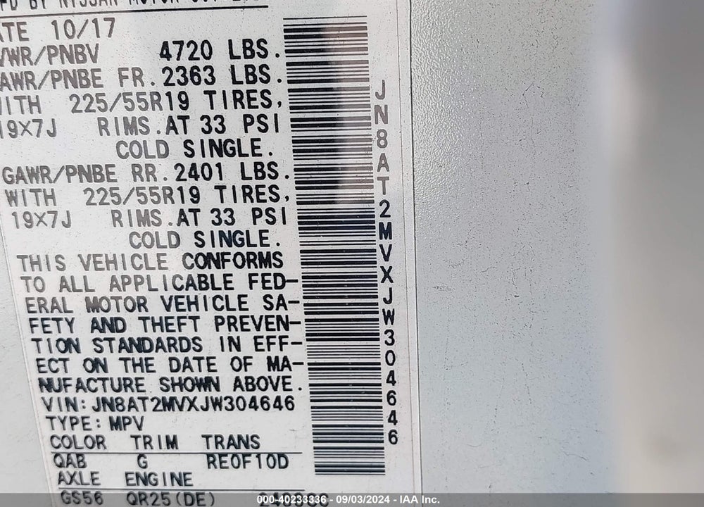 2018 NISSAN ROGUE SL VIN: JN8AT2MVXJW304646