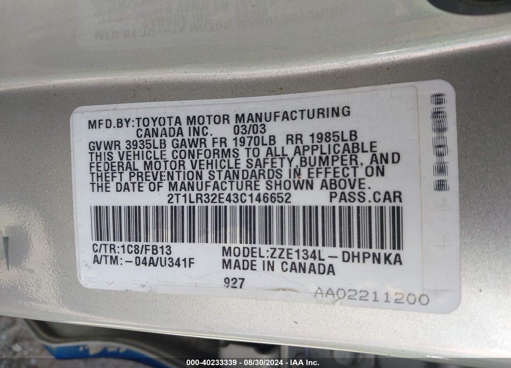 2003 TOYOTA MATRIX/XR VIN: 2T1LR32E43C146652