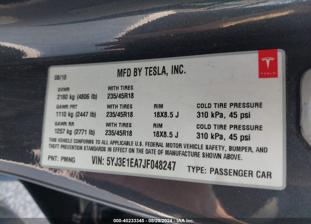 2018 TESLA MODEL 3 LONG RANGE/MID RANGE VIN: 5YJ3E1EA7JF048247