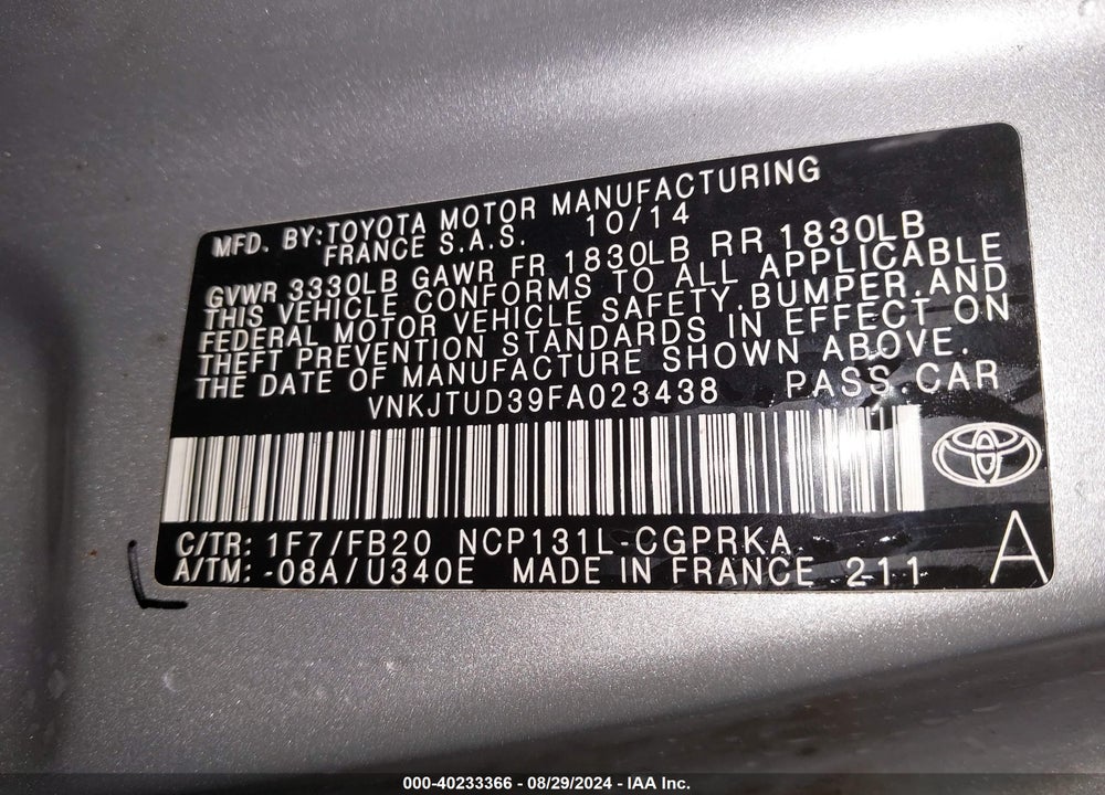 2015 TOYOTA YARIS LE VIN: VNKJTUD39FA023438