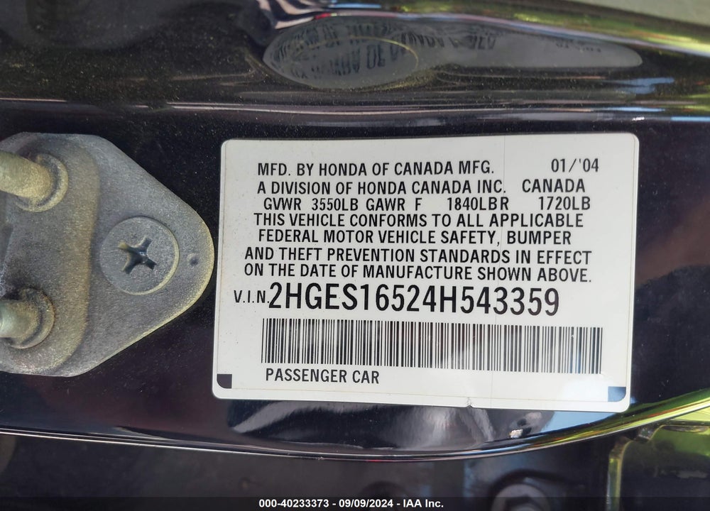2004 HONDA CIVIC LX VIN: 2HGES16524H543359