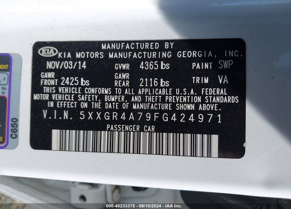 2015 KIA OPTIMA SX VIN: 5XXGR4A79FG424971