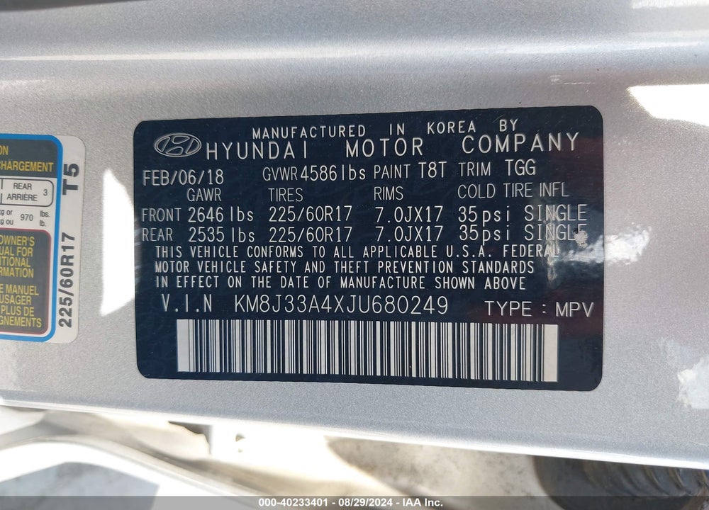 2018 HYUNDAI TUCSON SEL VIN: KM8J33A4XJU680249