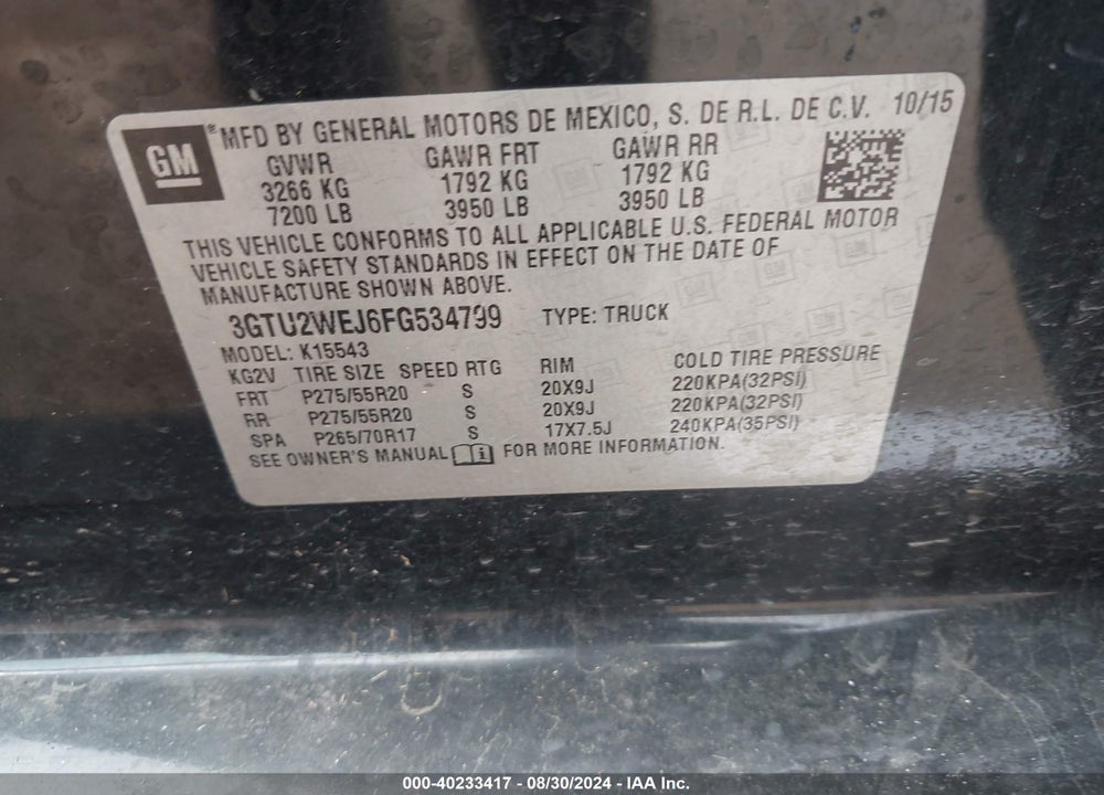 2015 GMC SIERRA 1500 DENALI VIN: 3GTU2WEJ6FG534799