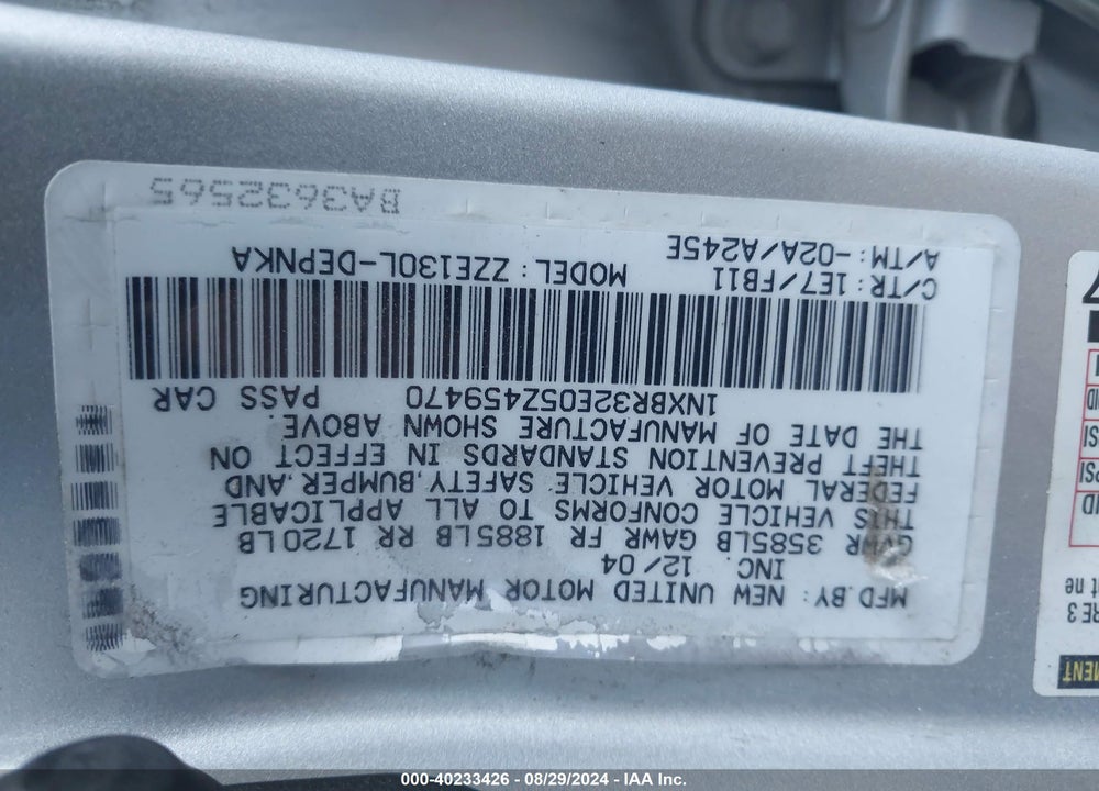 2005 TOYOTA COROLLA LE VIN: 1NXBR32E05Z459470