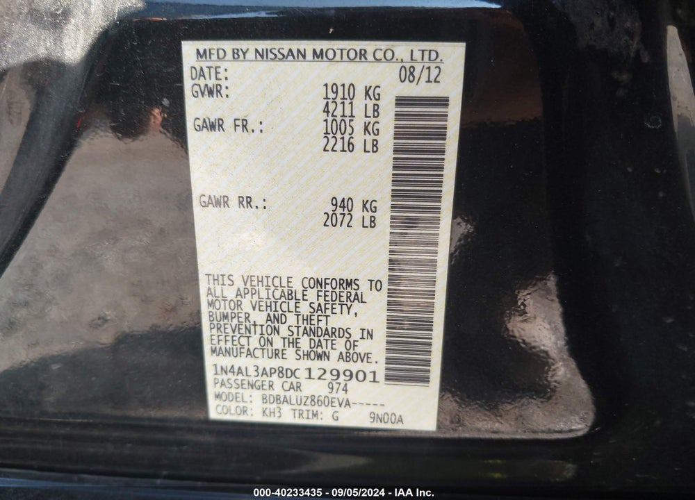 2013 NISSAN ALTIMA 2.5 SV VIN: 1N4AL3AP8DC129901