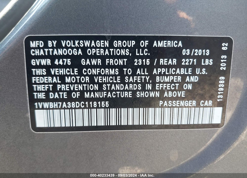 2013 VOLKSWAGEN PASSAT 2.5L SE VIN: 1VWBH7A38DC118155