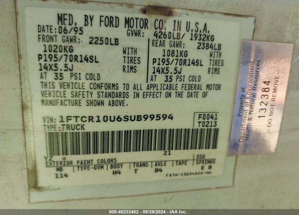 1995 FORD RANGER VIN: 1FTCR10U6SUB99594