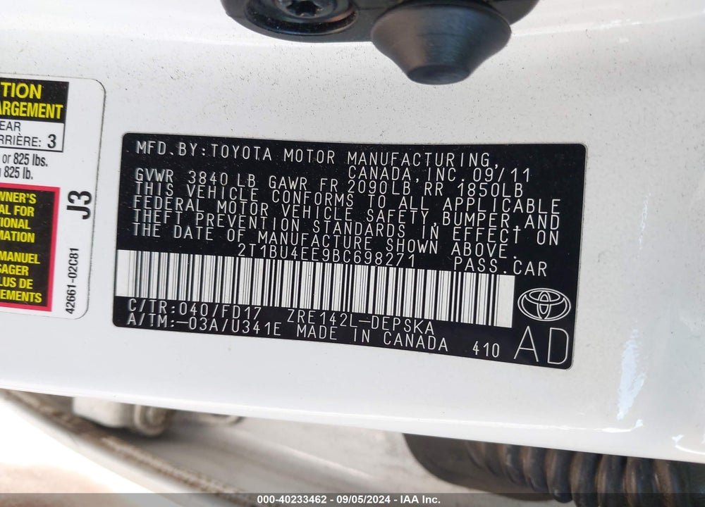2011 TOYOTA COROLLA S VIN: 2T1BU4EE9BC698271