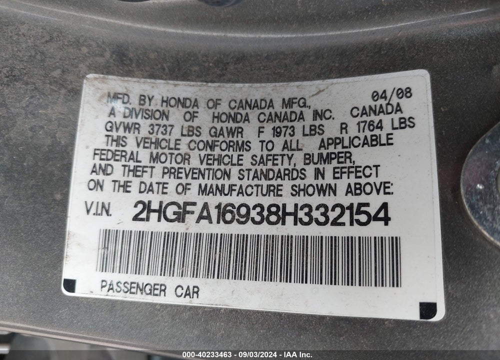 2008 HONDA CIVIC EX-L VIN: 2HGFA16938H332154