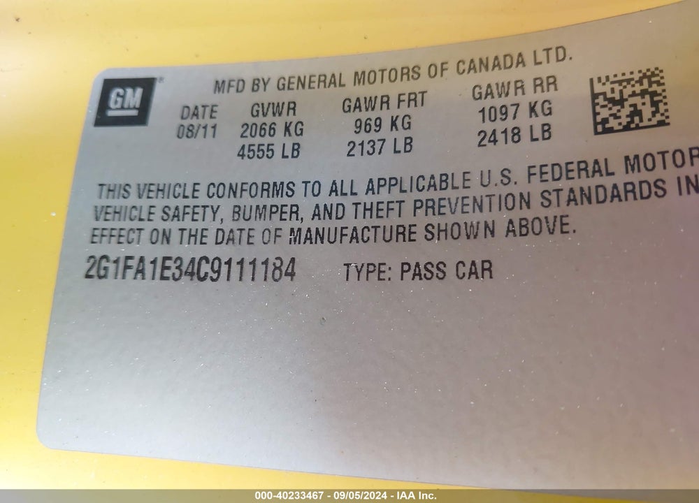 2012 CHEVROLET CAMARO 2LS VIN: 2G1FA1E34C9111184