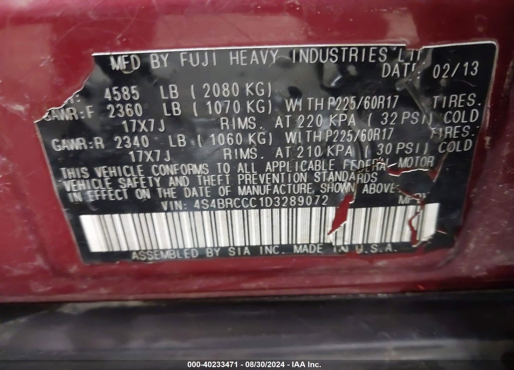 2013 SUBARU OUTBACK 2.5I PREMIUM VIN: 4S4BRCCC1D3289072