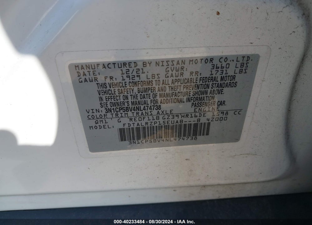 2022 NISSAN KICKS S XTRONIC CVT VIN: 3N1CP5BV4NL474738
