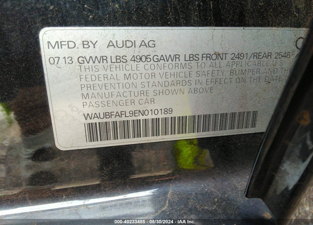 2014 AUDI A4 2.0T PREMIUM VIN: WAUBFAFL9EN010189