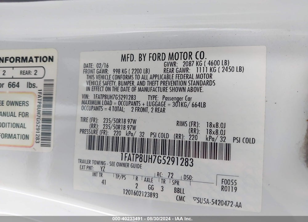 2016 FORD MUSTANG ECOBOOST PREMIUM VIN: 1FATP8UH7G5291283
