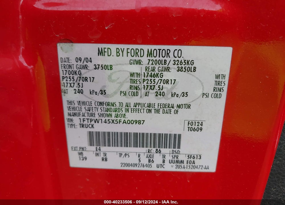 2005 FORD F-150 FX4/LARIAT/XLT VIN: 1FTPW145X5FA00987