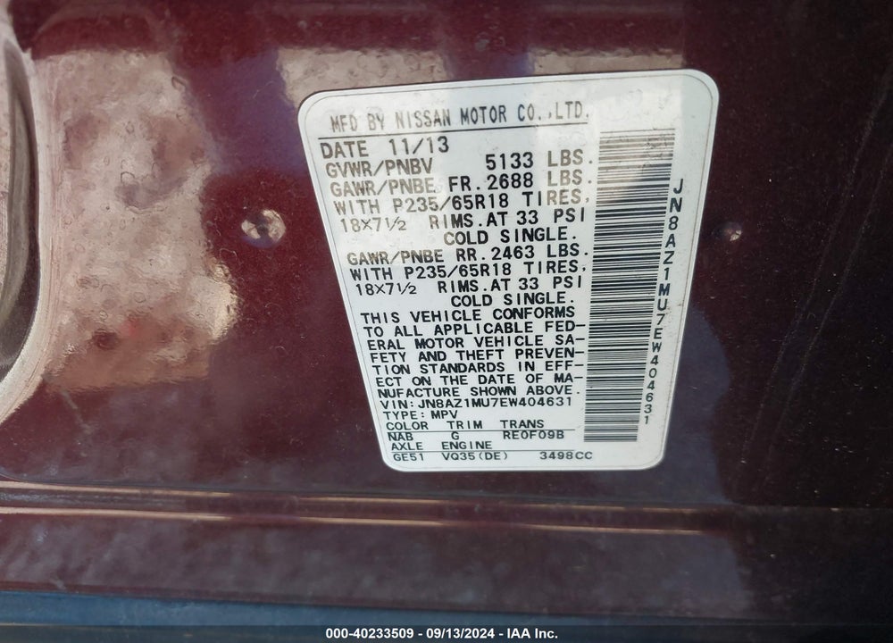 2014 NISSAN MURANO LE/S/SL/SV VIN: JN8AZ1MU7EW404631