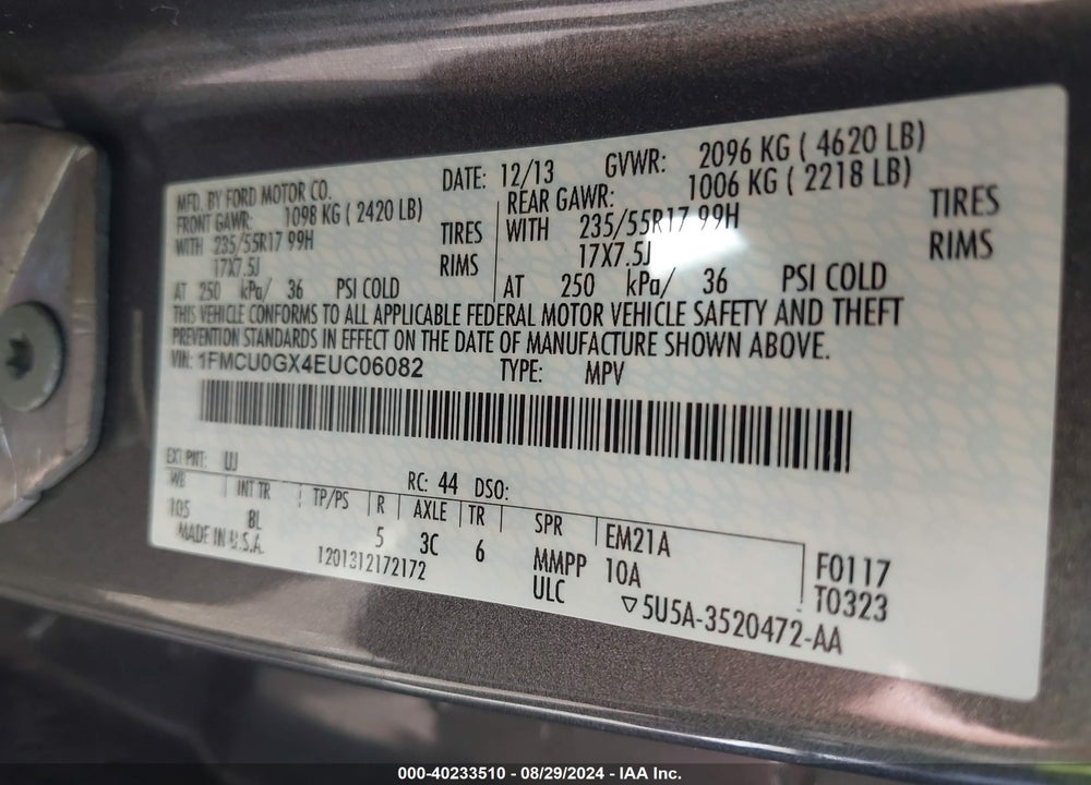 2014 FORD ESCAPE SE VIN: 1FMCU0GX4EUC06082