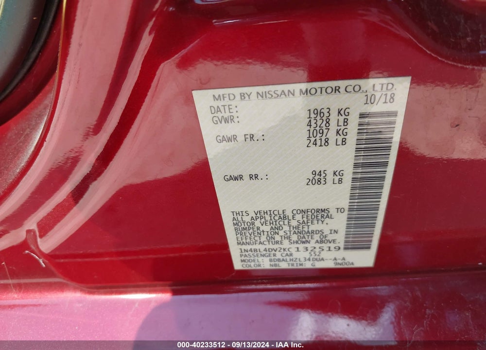 2019 NISSAN ALTIMA 2.5 SV VIN: 1N4BL4DV2KC132519