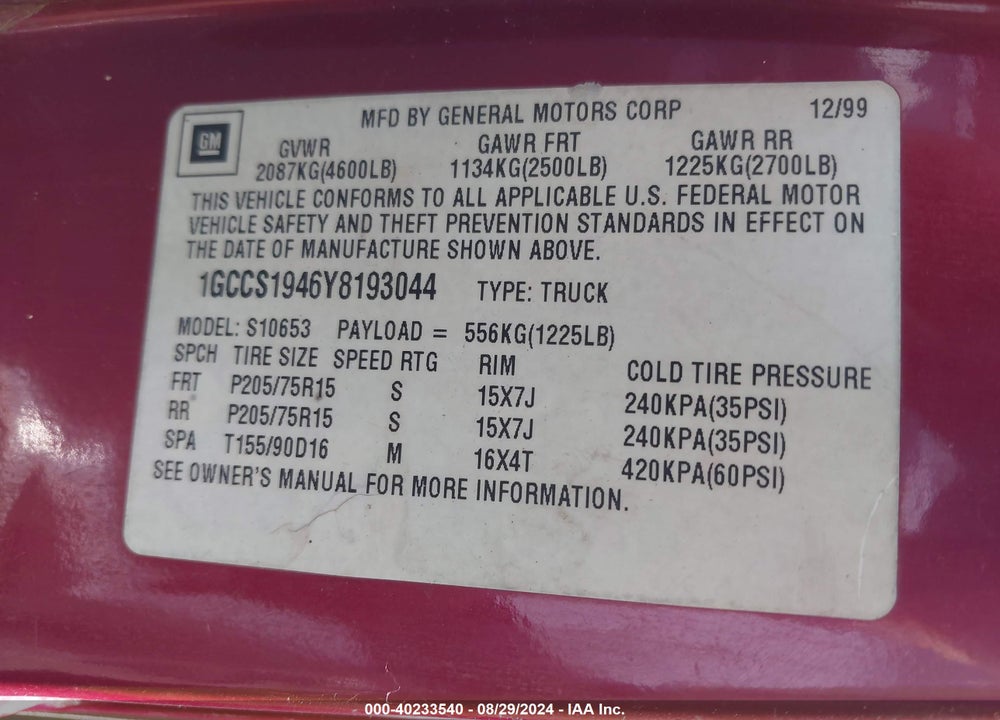 2000 CHEVROLET S-10 LS VIN: 1GCCS1946Y8193044