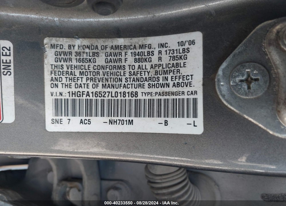 2007 HONDA CIVIC LX VIN: 1HGFA16527L018168