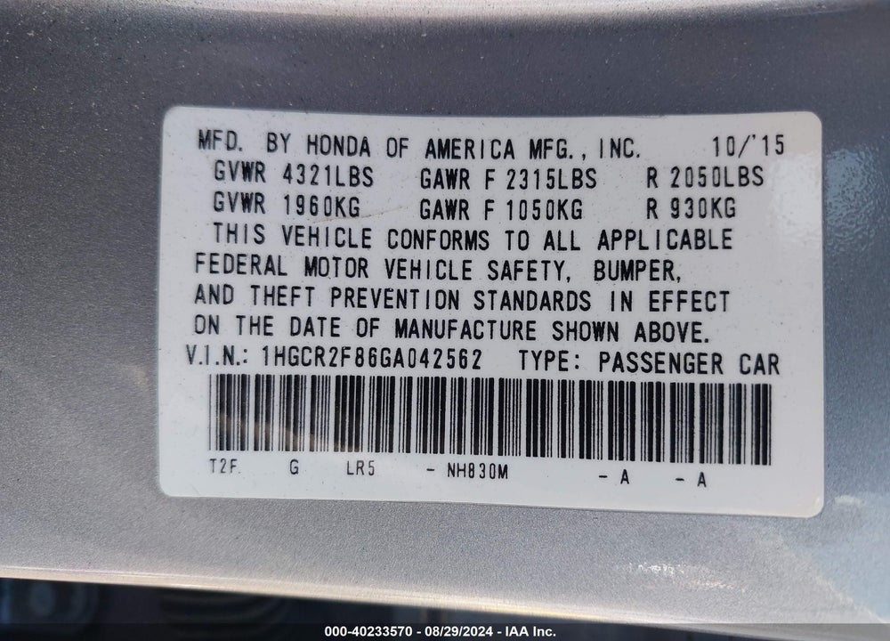 2016 HONDA ACCORD EX-L VIN: 1HGCR2F86GA042562