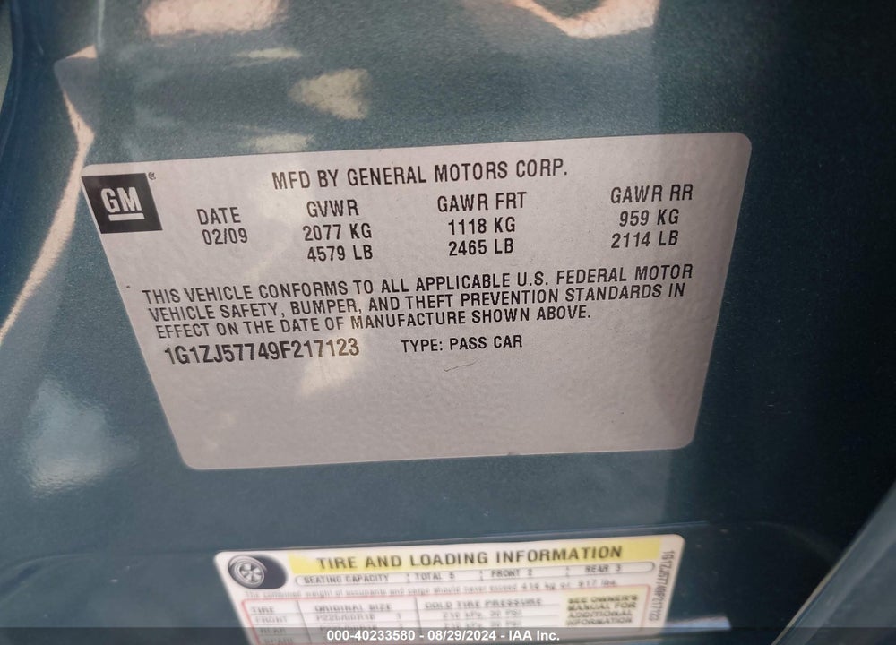 2009 CHEVROLET MALIBU VIN: 1G1ZJ57749F217123