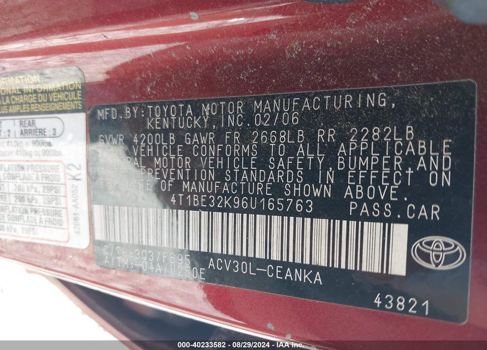 2006 TOYOTA CAMRY LE VIN: 4T1BE32K96U165763