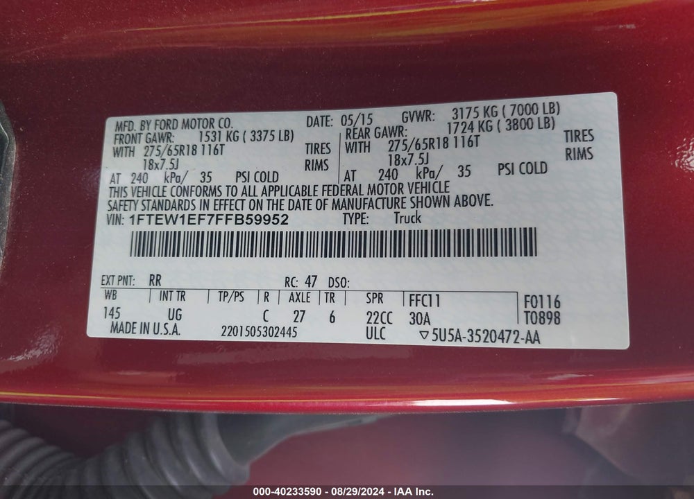 2015 FORD F-150 XLT VIN: 1FTEW1EF7FFB59952