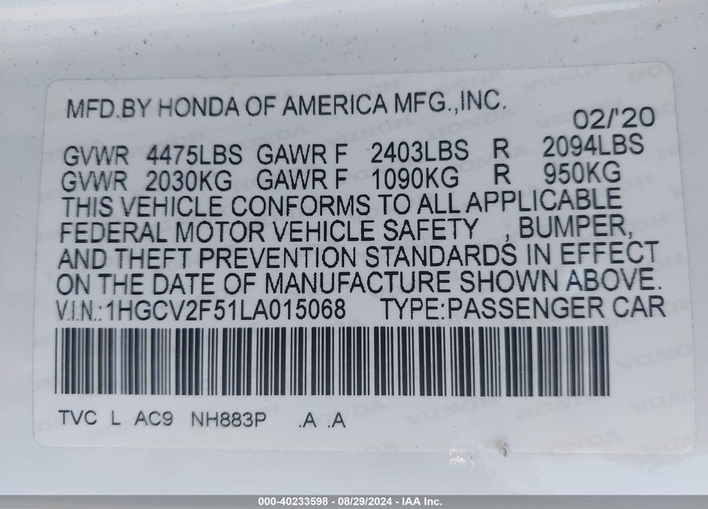 2020 HONDA ACCORD EX-L 2.0T VIN: 1HGCV2F51LA015068