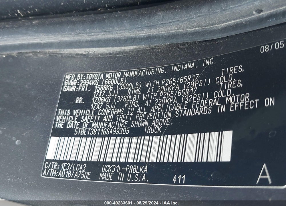 2006 TOYOTA TUNDRA LIMITED V8 VIN: 5TBET38116S499305