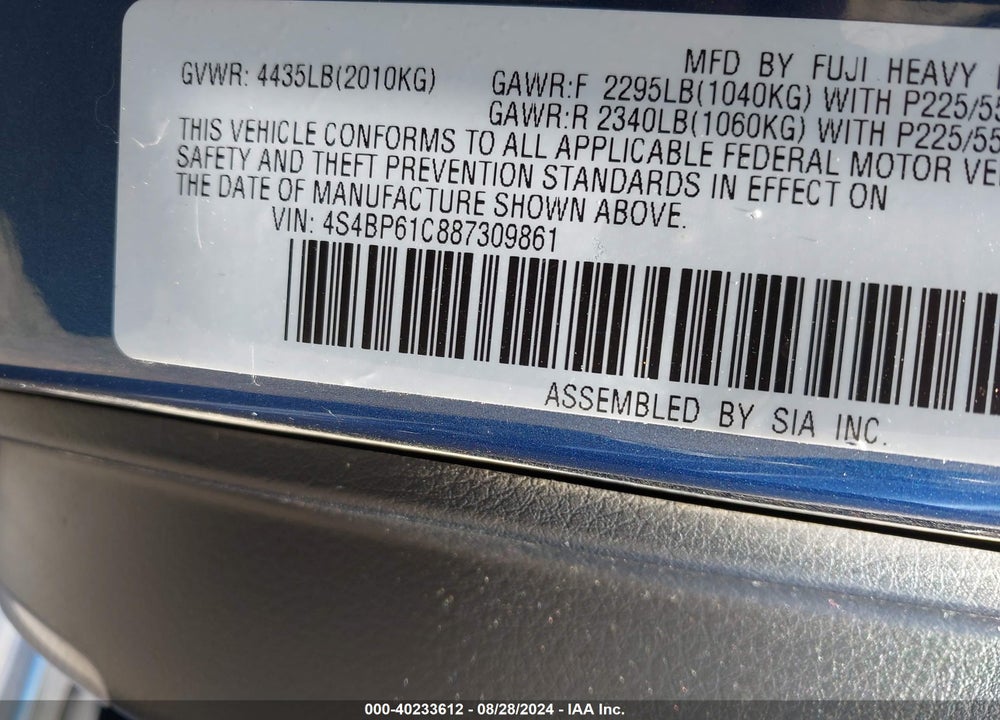 2008 SUBARU OUTBACK 2.5I/2.5I L.L. BEAN EDITION VIN: 4S4BP61C887309861