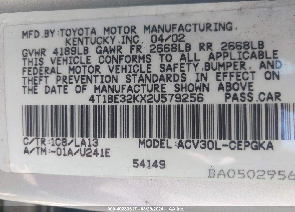 2002 TOYOTA CAMRY VIN: 4T1BE32KX2U579256
