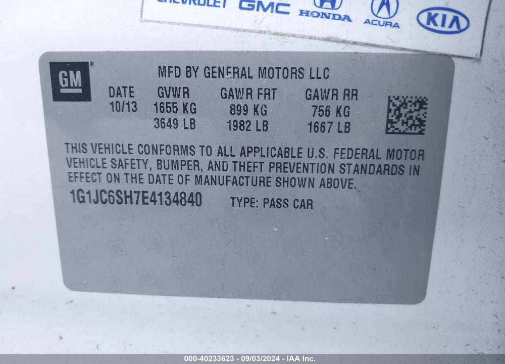 2014 CHEVROLET SONIC VIN: 1G1JC6SH7E4134840