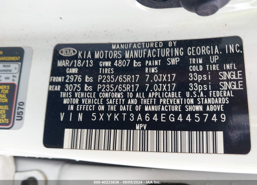 2014 KIA SORENTO LX VIN: 5XYKT3A64EG445749