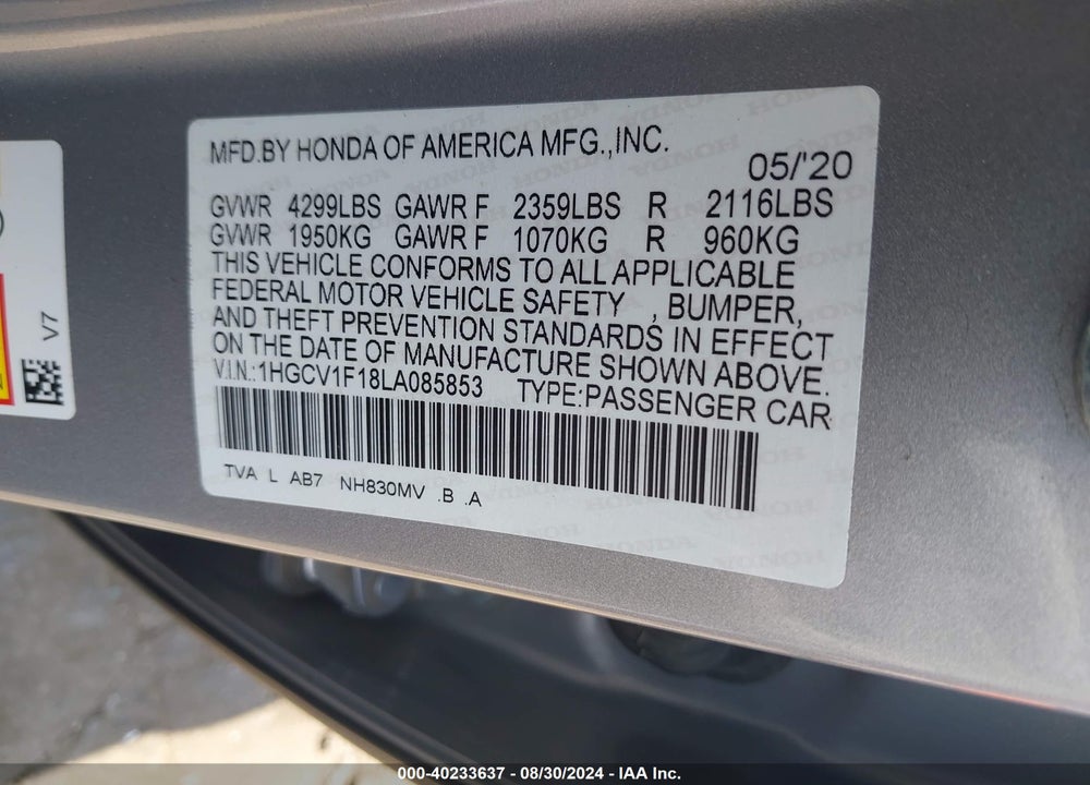 2020 HONDA ACCORD LX VIN: 1HGCV1F18LA085853